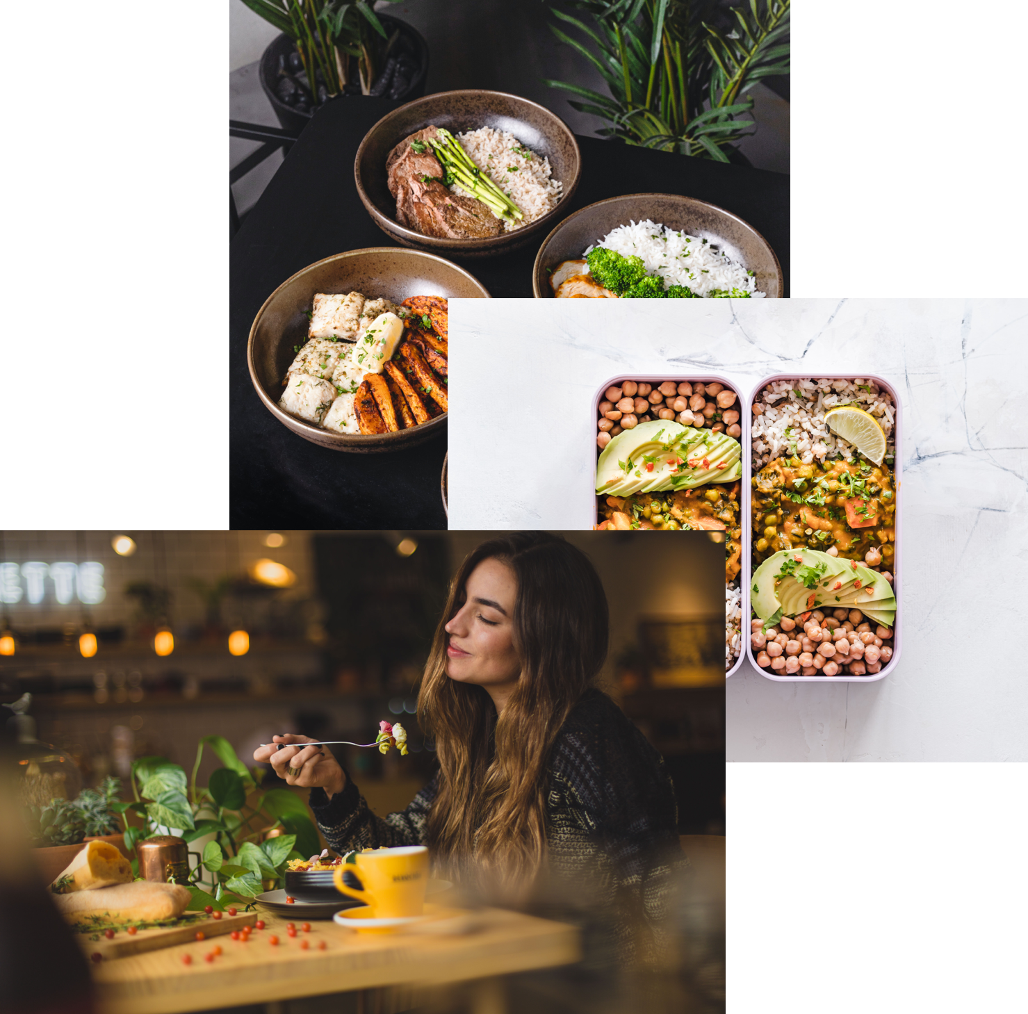 Woman eating food! Meals in a storage container, and food bowls ontop of a table.